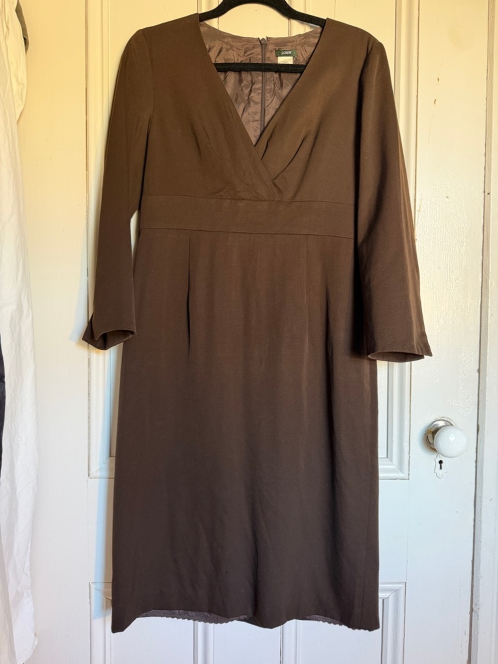 J. Crew Brown Wool V-Neck Empire Waist, 3/4 Length Sleeve Dress